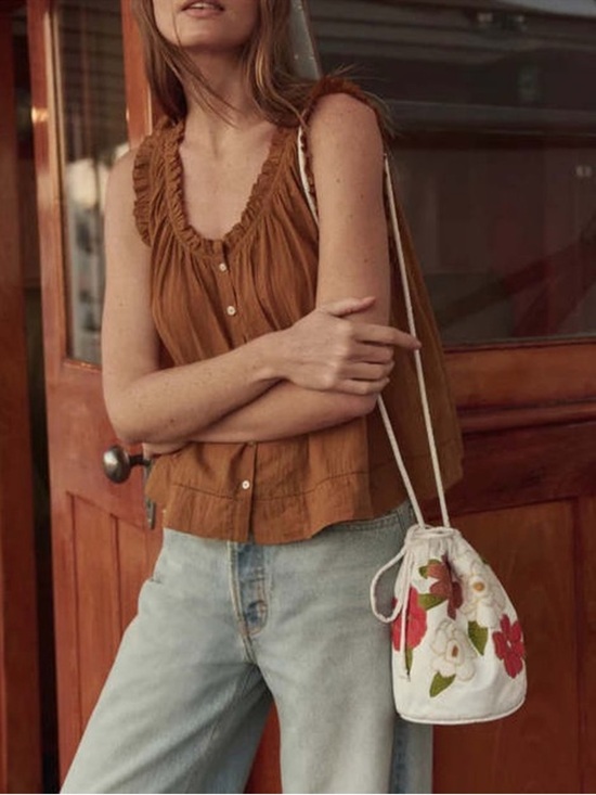 THE GREAT. Tops - THE GREAT. Sleeveless Button-Front Ruffle Trim Top, Tank Top - Warm Caramel